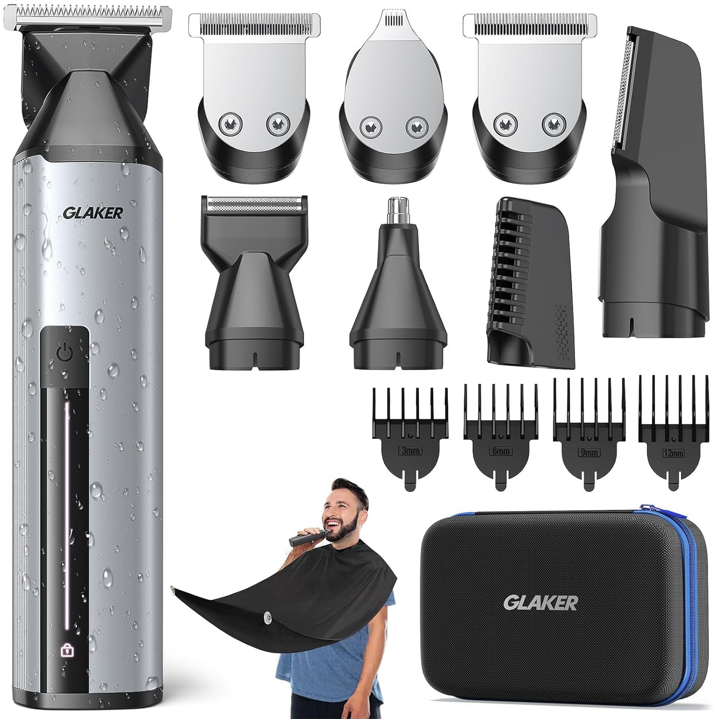 GLAKER Beard Trimmer for Men,Cordless Hair Trimmer,Electric Razor with Interchangeable Magnetic Attachments for Hair Body Facial Trimming,6 in 1 Men Gromming Kit with Storage Bag and Beard Bib Apron