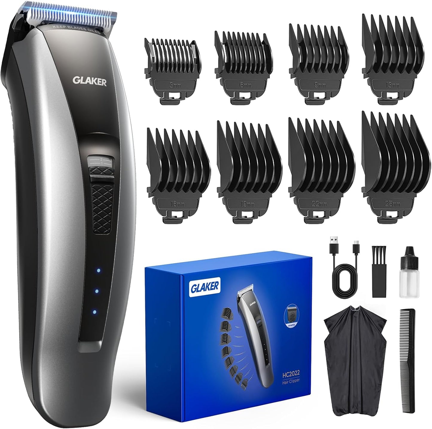 GLAKER Hair Clippers for Men - Cordless & Corded 2 in 1 Hair & Beard Trimmer with ABS Guards, Detachable Blades & Turbo Motor, Professional Haircutting Kits for Blending & Fade Cuts