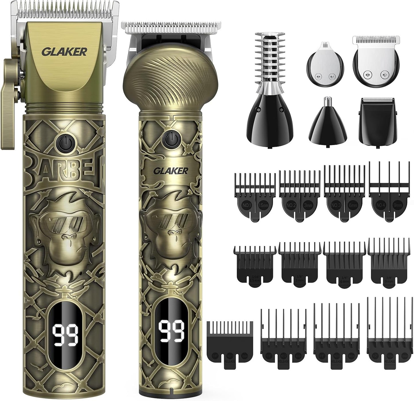 GLAKER Hair Clippers and 6-in-1 Beard Trimmer for Men, Professional Cordless Hair Trimmer Barber Clippers for Haircut, Fade, Beard, Nose & Body Grooming, USB-C Rechargeable (Black)