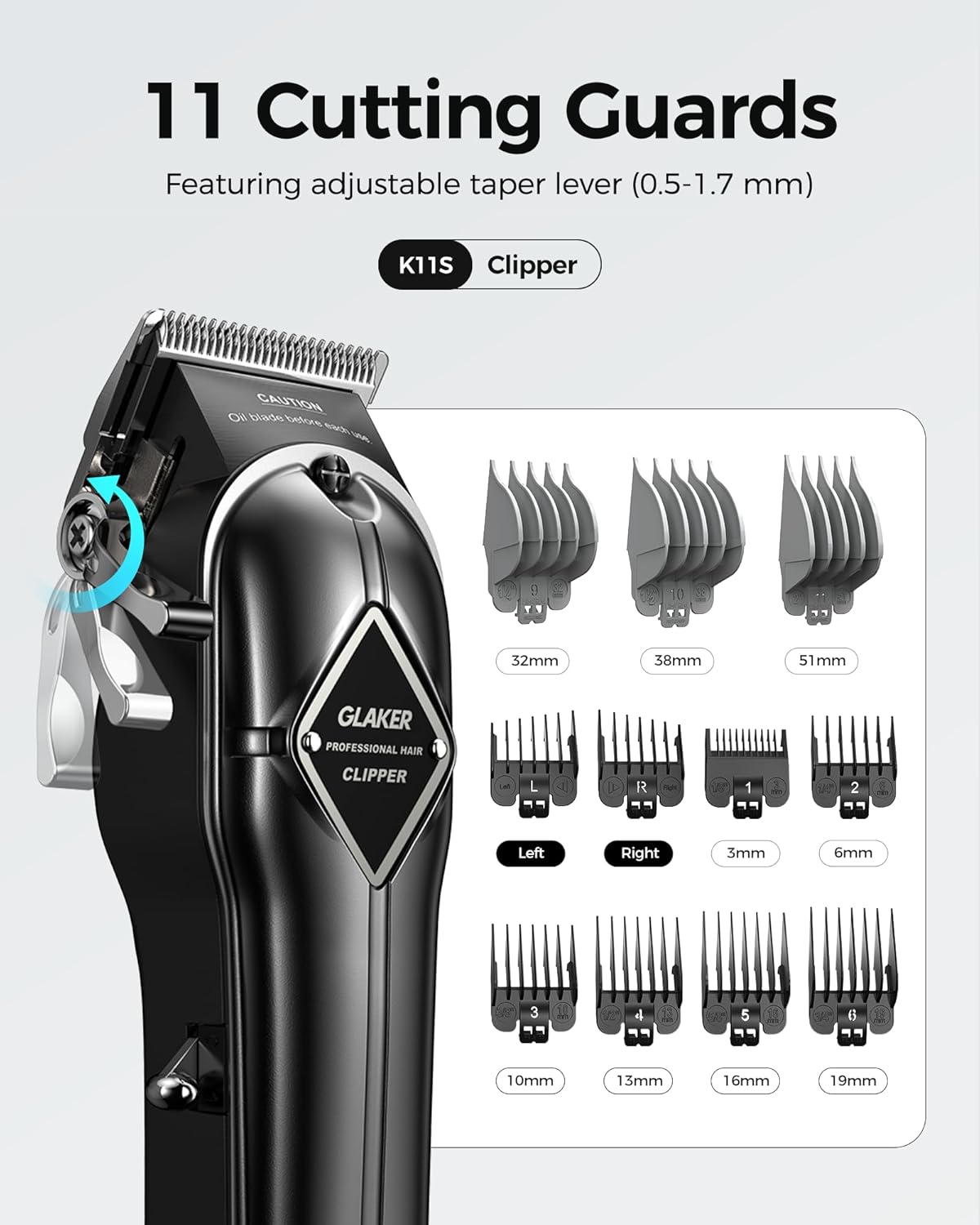 GLAKER Hair Clippers for Men - Cordless Professional Barber Clipper Hair Cutting Kit with 11 Guide Combs for Haircut, Trimming & Grooming (Black)