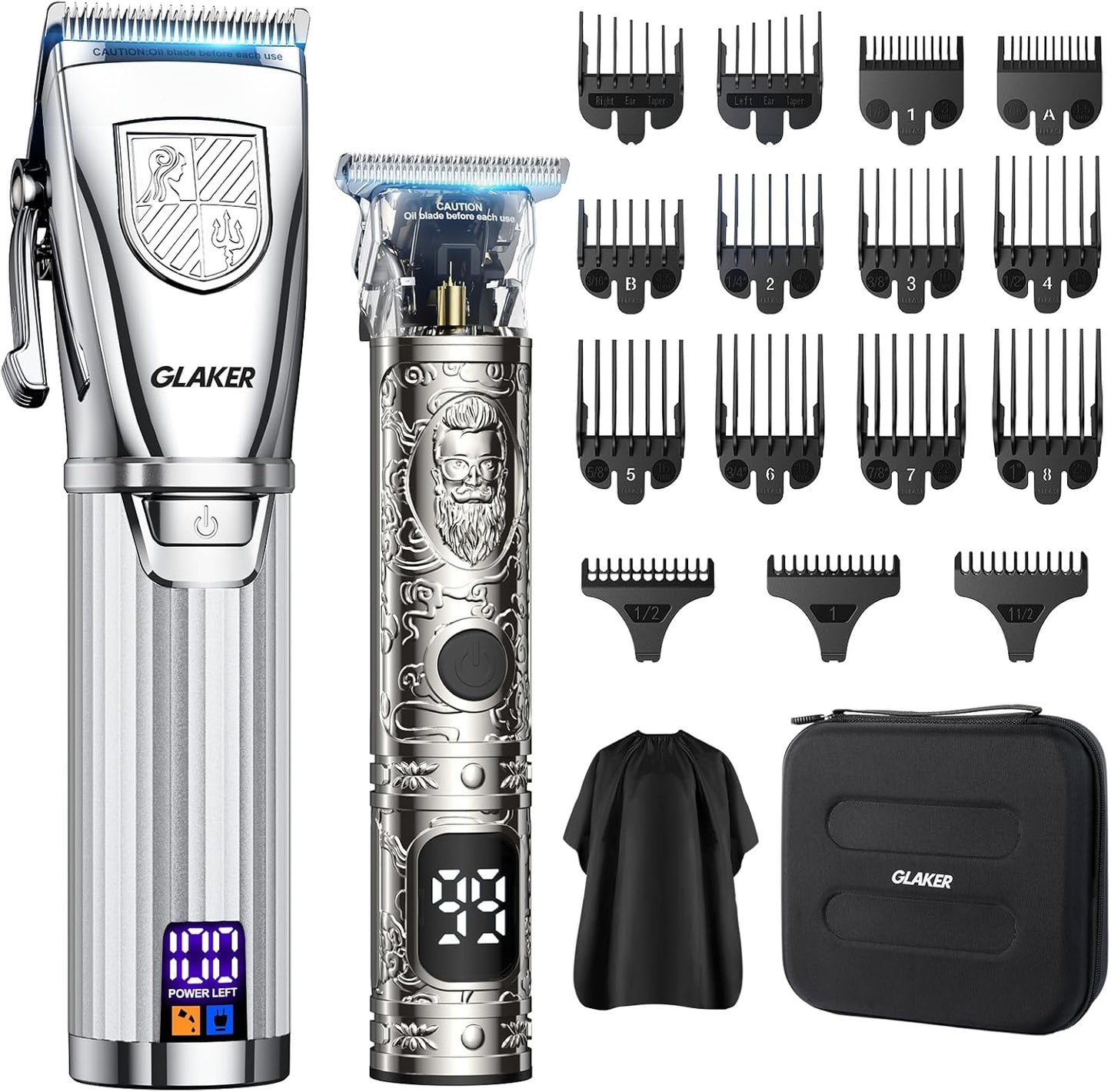 GLAKER Hair Clippers for Men Professional, Cordless Clippers for Hair Cutting, Mens Hair Clippers and Trimmer Kit for Barber with LED Display 15 Guide Combs