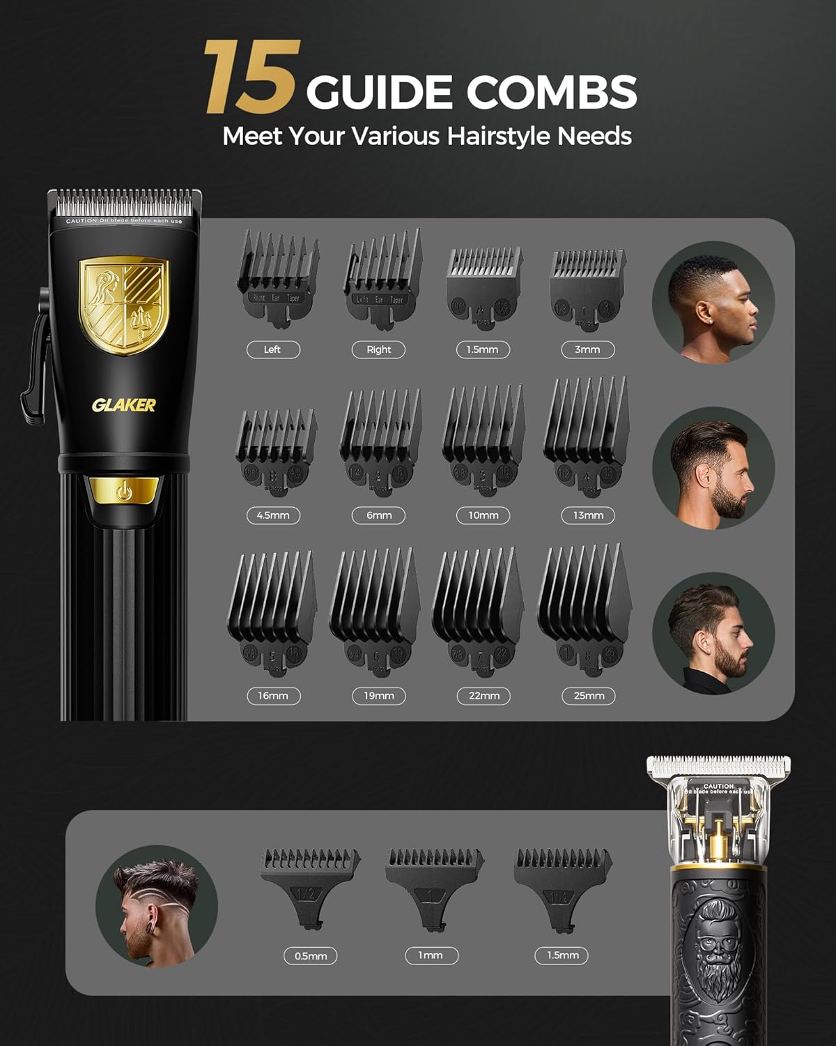 GLAKER Hair Clippers for Men Professional, Cordless Clippers for Hair Cutting, Mens Hair Clippers and Trimmer Kit for Barber with LED Display 15 Guide Combs
