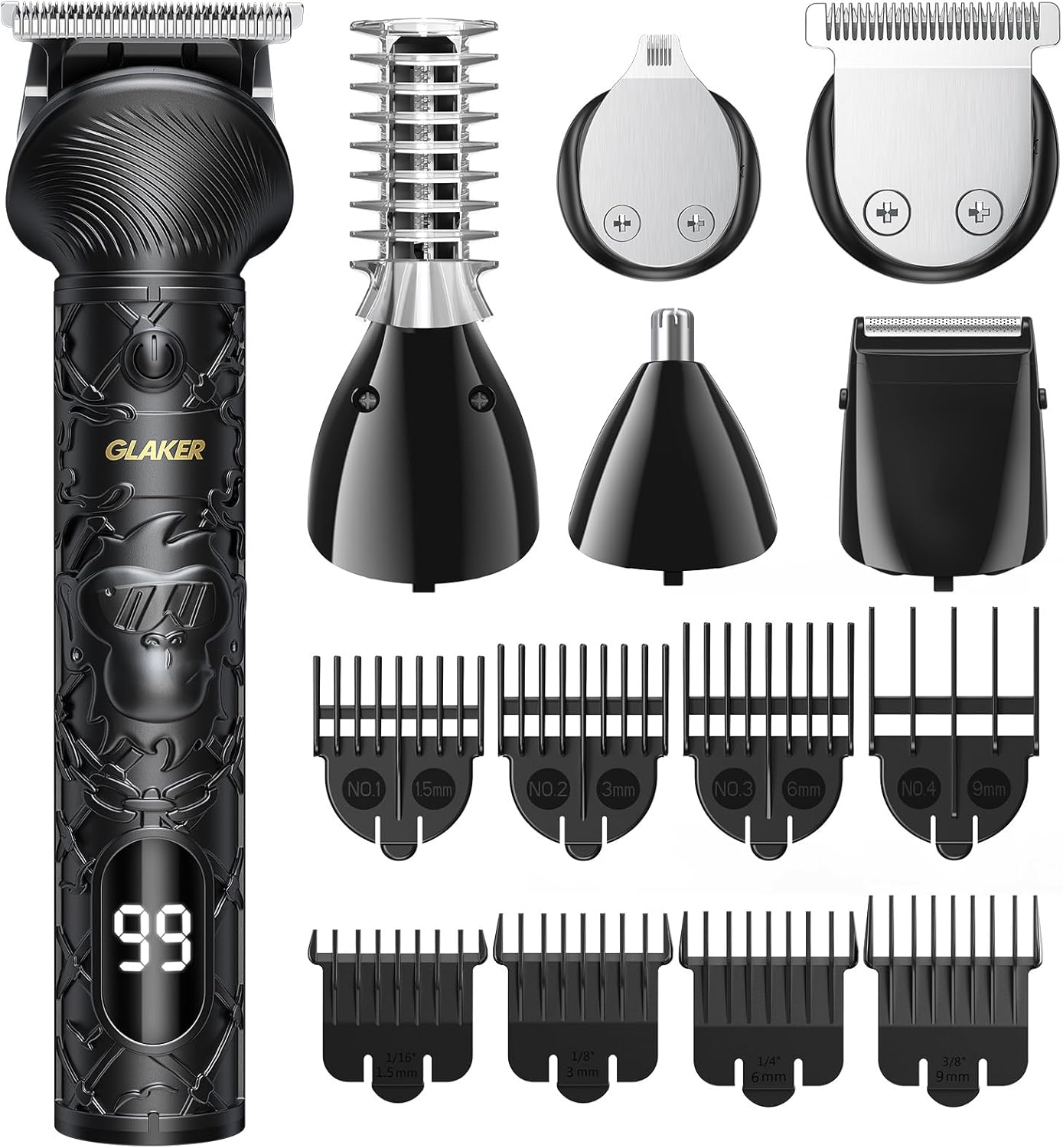 GLAKER Beard Trimmer for Men, Electric Razor for Body, Face, Mustache, Ear, Nose Hair Trimmer, Cordless Hair Clippers 17 Pieces 6-in-1 Shavers for Mens Grooming Kit, Gifts for Gentle (Black)