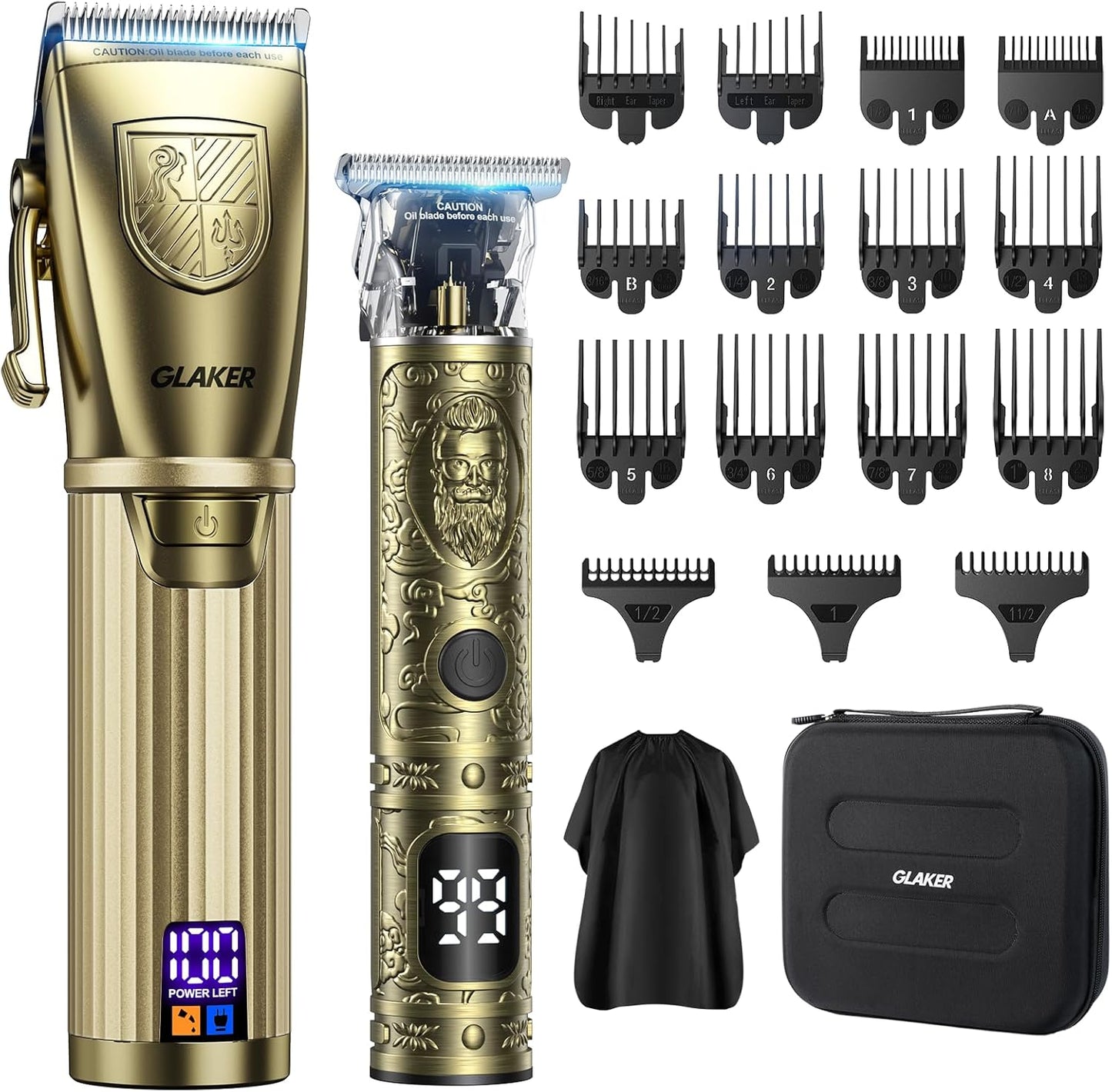 GLAKER Hair Clippers for Men Professional, Cordless Clippers for Hair Cutting, Mens Hair Clippers and Trimmer Kit for Barber with LED Display 15 Guide Combs
