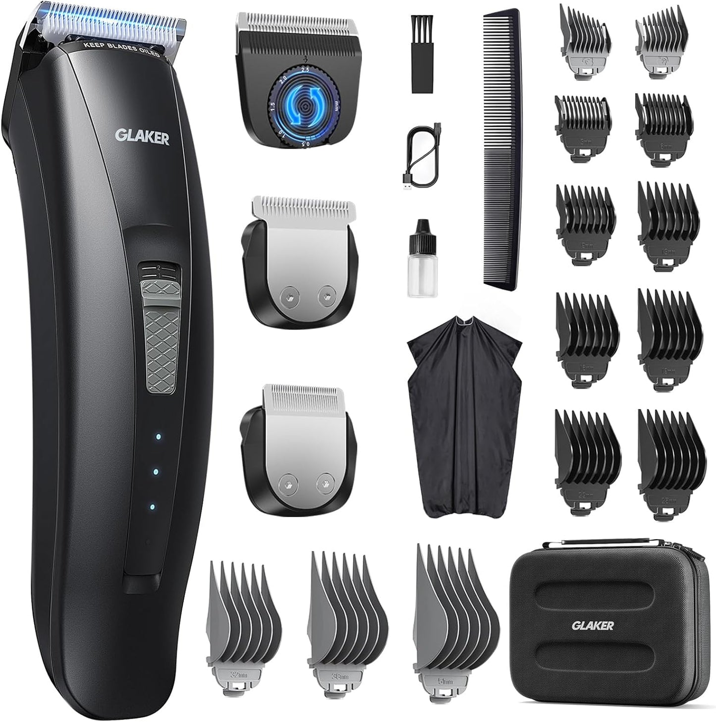 GLAKER Hair Clippers for Men - Cordless & Corded 2 in 1 Hair & Beard Trimmer with ABS Guards, Detachable Blades & Turbo Motor, Professional Haircutting Kits for Blending & Fade Cuts